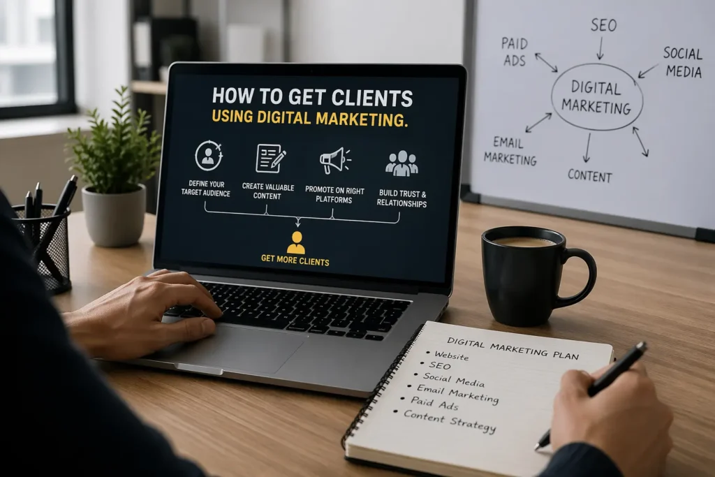 How to get clients using digital marketing strategy shown on laptop screen with workspace setup