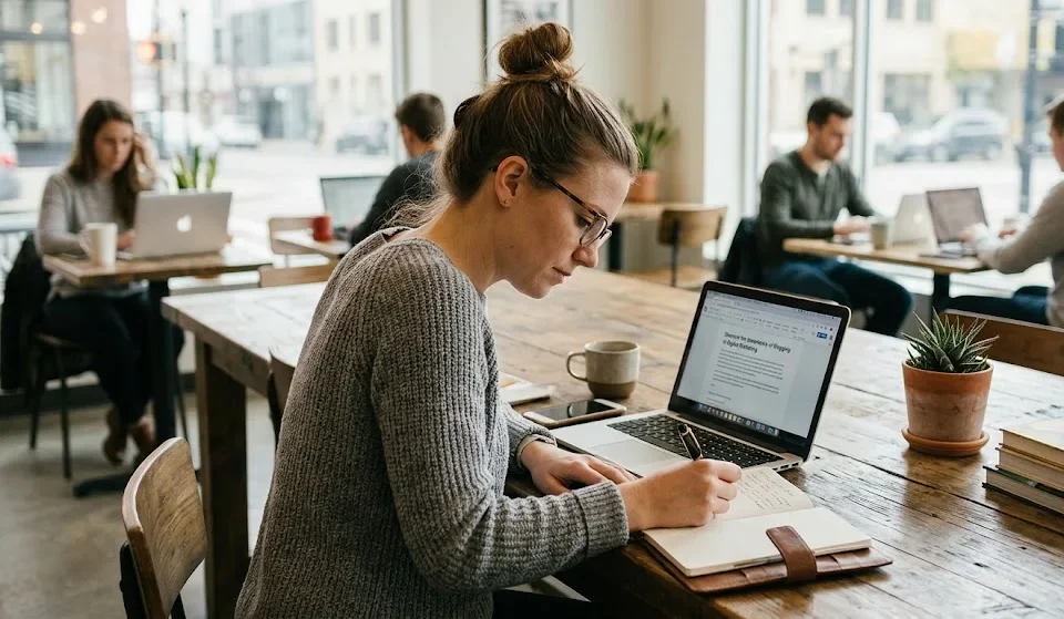 The importance of blogging in digital marketing: a woman sitting at a rustic wooden table in a busy cafe, writing in a notebook with an open laptop displaying an article.