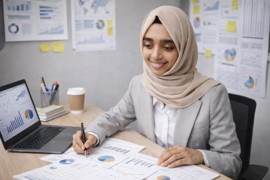 Freelance best digital marketer in Ernakulam analyzing data and research insights for digital growth strategy wearing a hijab and professional grey blazer