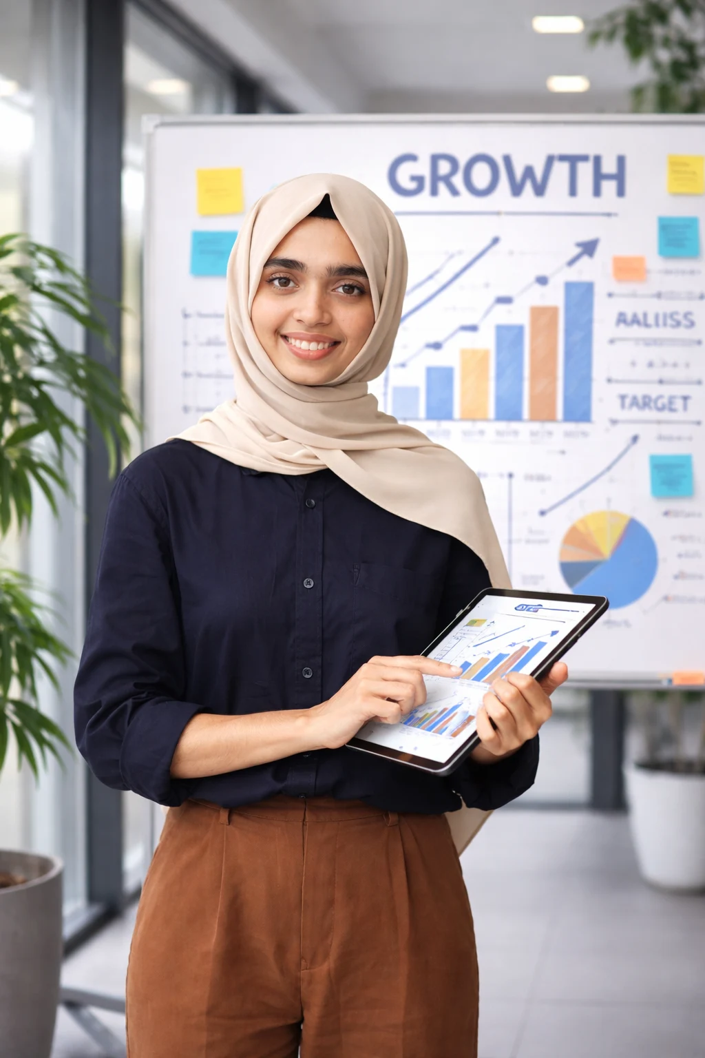 leading best digital marketer in Ernakulam, Kerala, optimizing campaigns and driving business growth, wearing black shirt and hijab with a pleasant smile