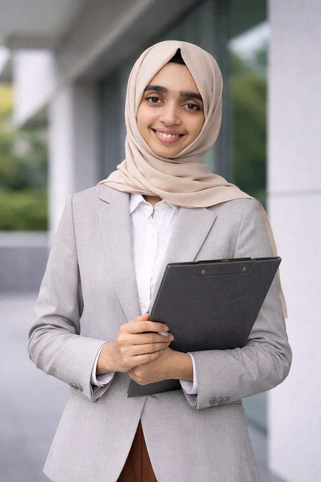 leading best digital marketer in Ernakulam, a confident young woman in hijab holding a clipboard, representing digital marketing execution and strategy