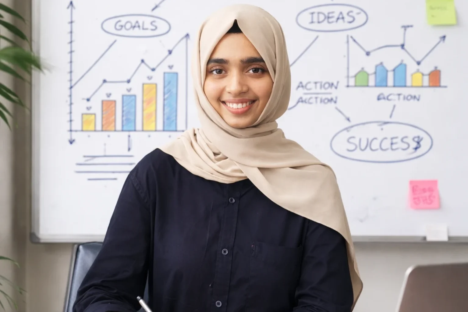 Freelance best digital marketer in Ernakulam, Kerala, planning strategy, wearing black shirt and hijab, writing with a pen, and smiling