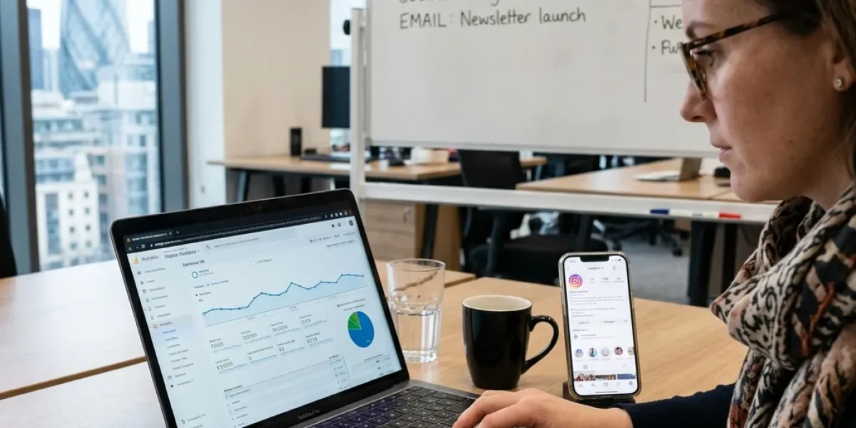 A marketing professional analyzing data on a laptop and smartphone, illustrating why is digital marketing important today for business growth and strategy planning.